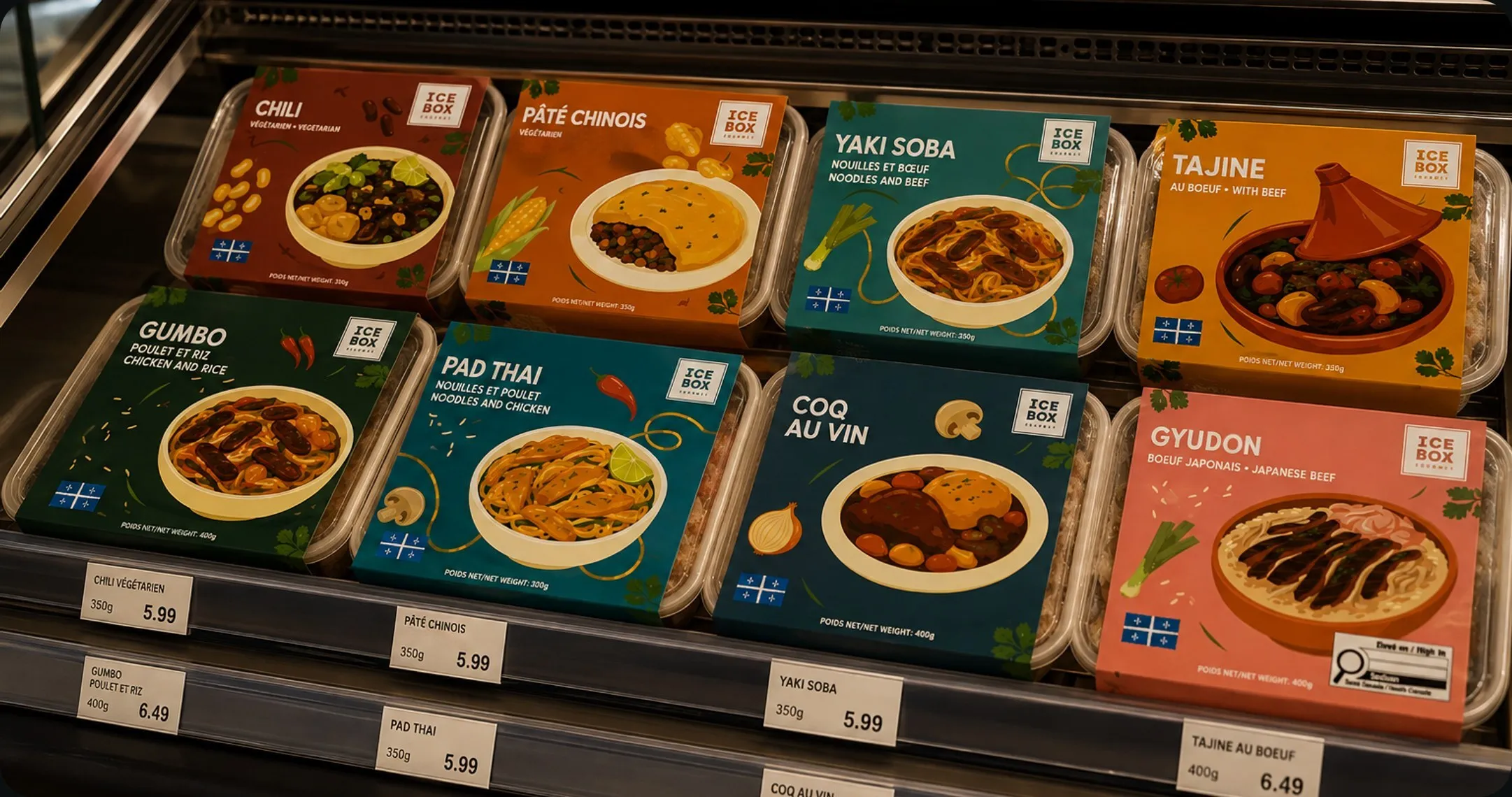 ICEBOX Gourmet illustrated meal packaging on a freezer shelf